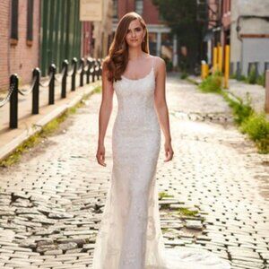 Enchanting Mon Cheri Diamond White Lace Tulle Beaded Wedding Gown